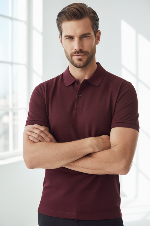 Male model wearing Burgundy Slim-Fit Polo upper body