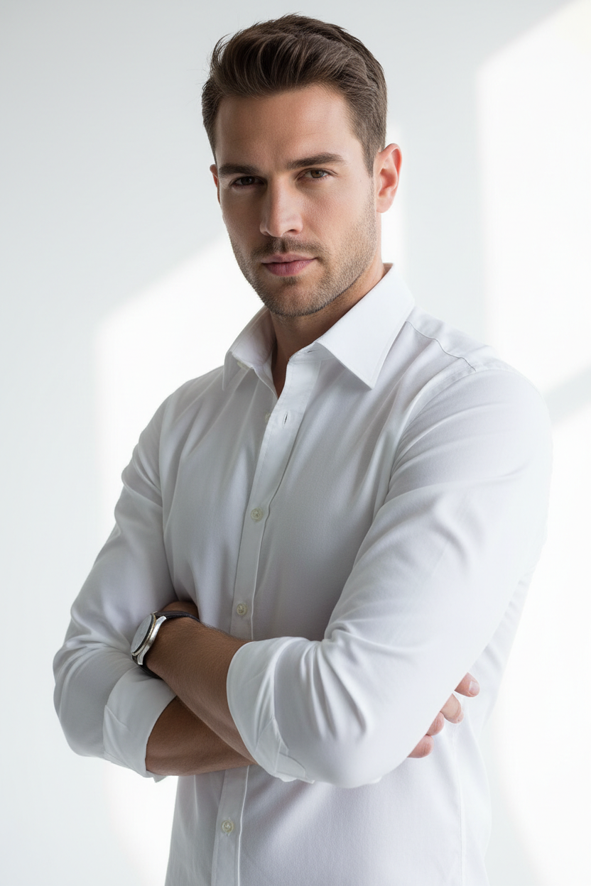 Male model wearing Oxford White Shirt upper body