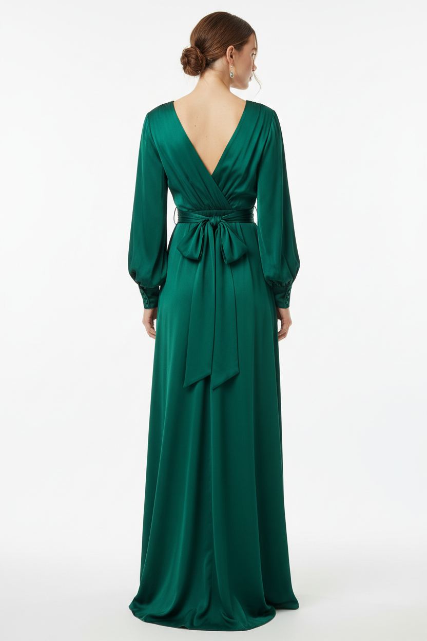 Emerald green wrap maxi dress back view