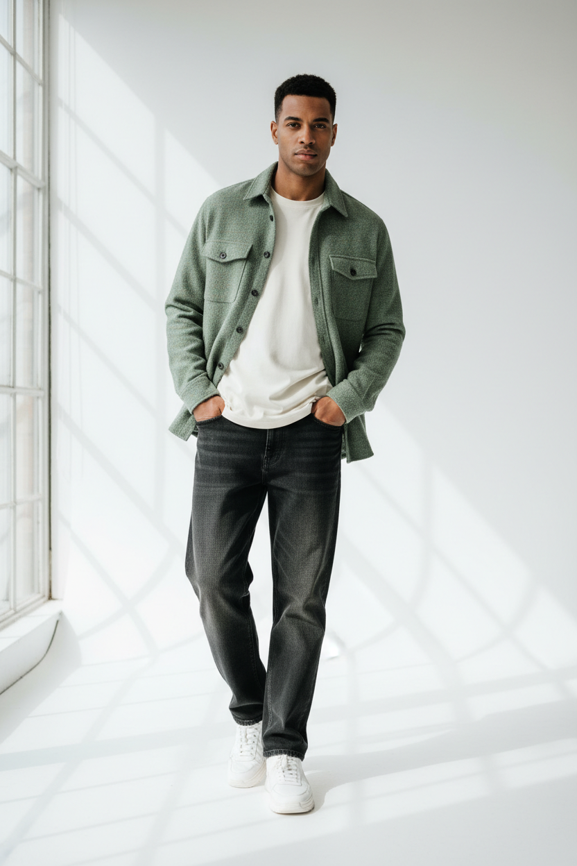 Male model wearing Sage Green Flannel Overshirt full body