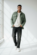 Male model wearing Sage Green Flannel Overshirt full body