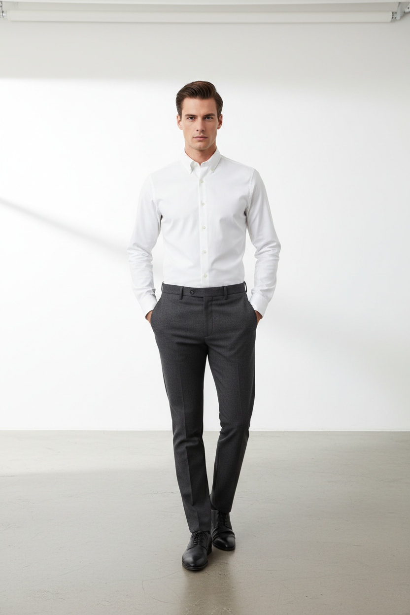 Male model wearing Oxford White Shirt full body