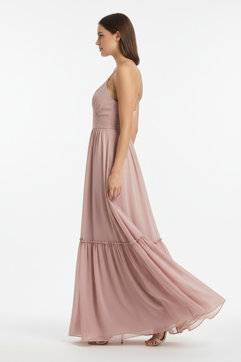 Dusty rose chiffon maxi dress side view
