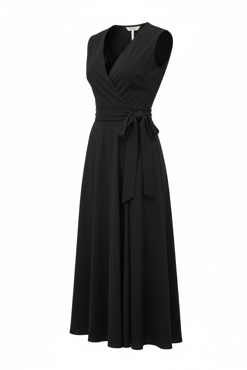 Black wrap midi dress front view