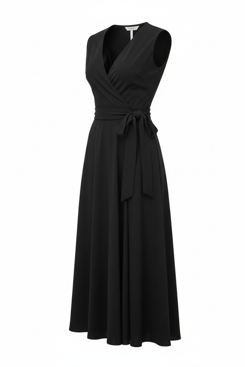 Black wrap midi dress front view