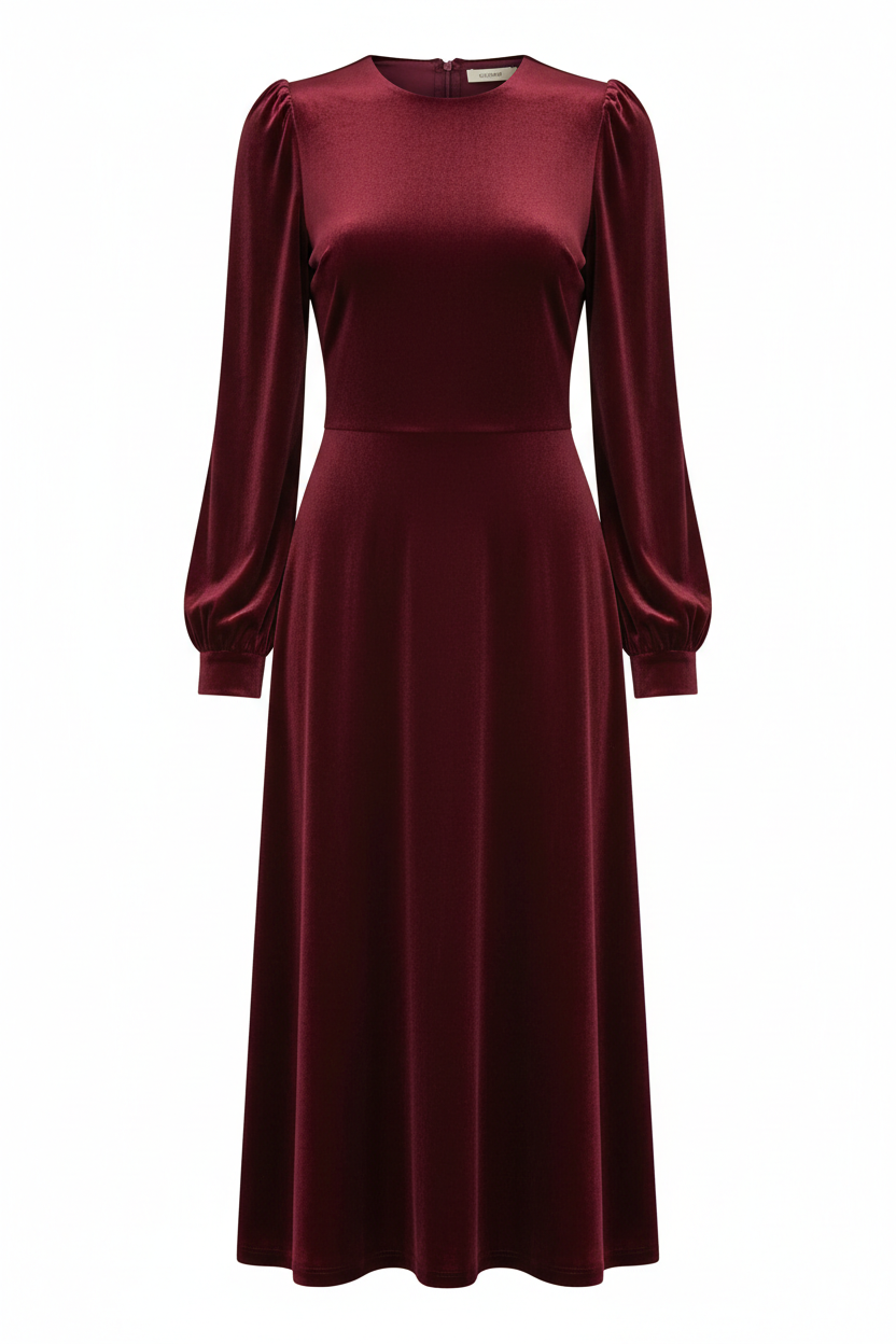 Burgundy velvet midi dress front view