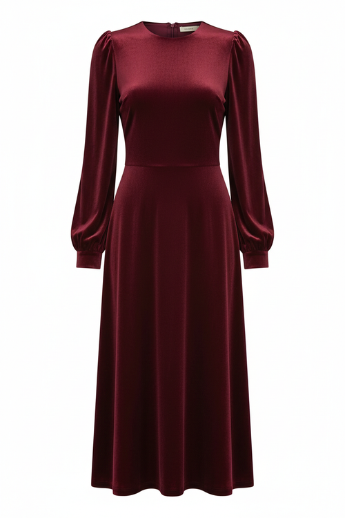 Burgundy velvet midi dress front view
